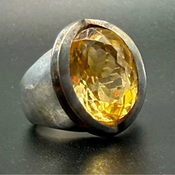 Vintage Sterling Silver 925 Huge Yellow Citrine Ring - Picture 3 of 6